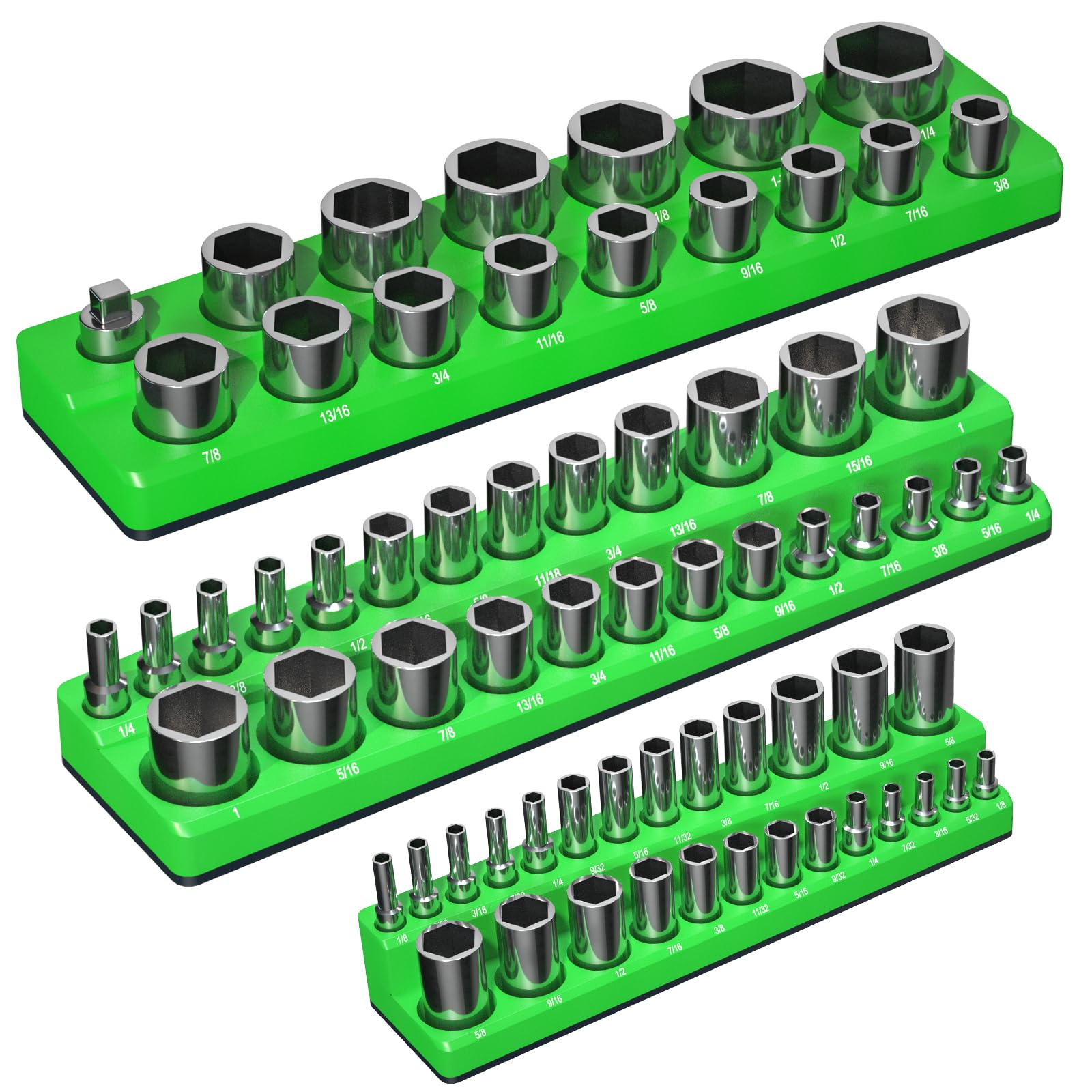 Photo 1 of Magnetic Socket Organizer Holder Set – 3-Piece Tool Organizers Including 1/4", 3/8" and 1/2" Drive Socket Holder SAE 68 Pieces Socket Trays (Sockets are not Included) Green