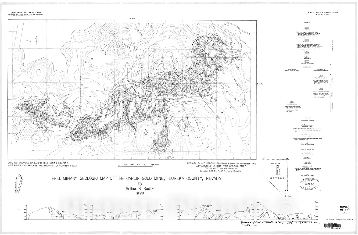Historic Pictoric Map : Preliminary geologic map of The Carlin Gold Mine, Eureka County, Nevada, 1973 Cartography Wall Art : 44in x 29in