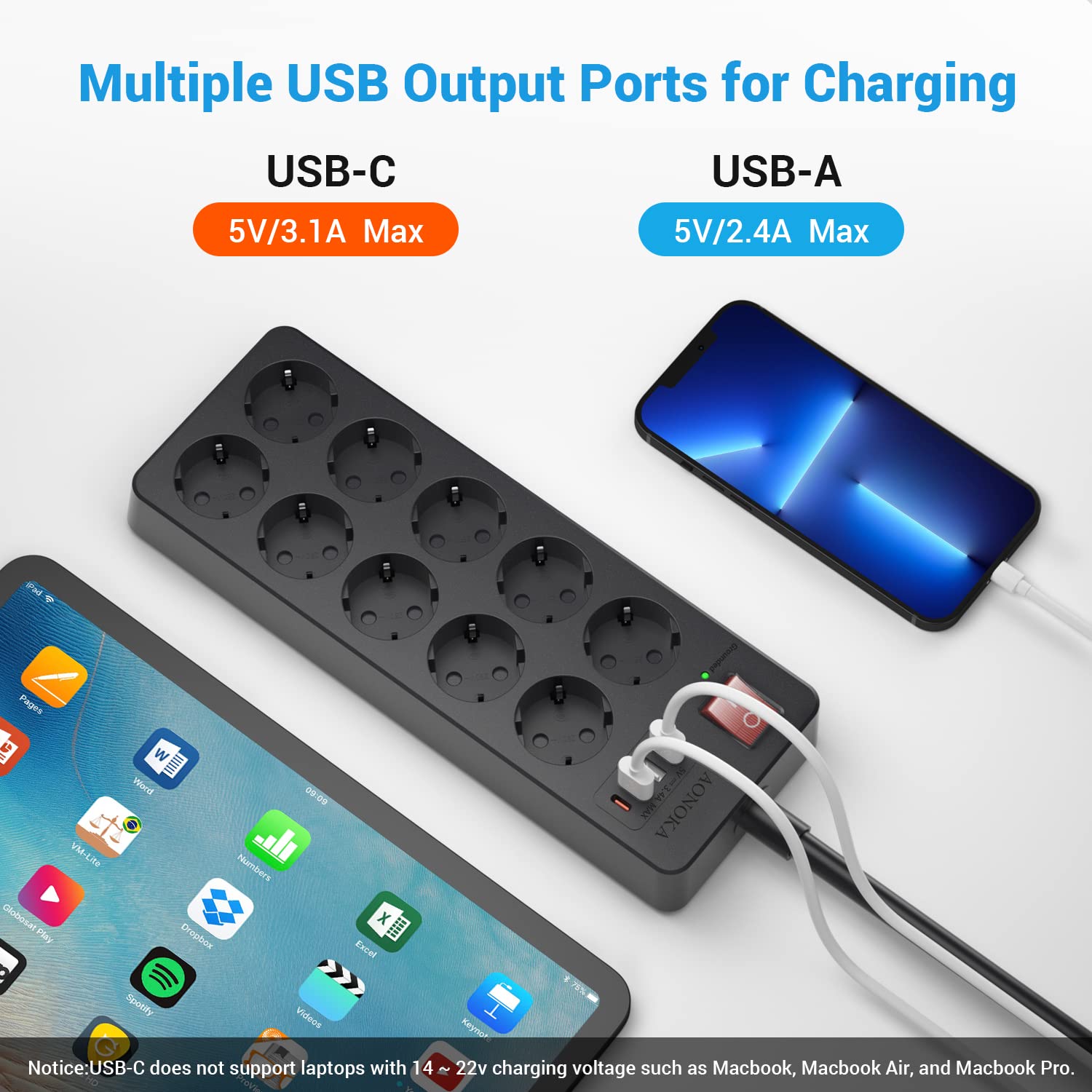 10-Fach Steckdosenleiste Überspannungsschutz Bis 1700 Joule, Mehrfachsteckdose mit USB C,Steckerleiste mit Schalter 4 USB Ladeanschlüsse und 10 Steckdose Wandmontage Verteilersteckdose 1,5M,Schwarz 3