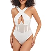 Rigeri Sexy Criss Cross Bodysuits Club Tops for Going out S-XXL | Sexy Top, Front Keyhole Cutout, Sheer Mesh Waist Design, Adjustable Crotch Snaps, Ideal for Daily, Concert &amp; Party