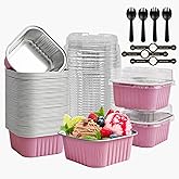 OBXMLFY Mini Cake Pans With Lids 5oz, 50 Pack Mini Loaf Pans with Lids, Aluminum Foil Baking Cups, Disposable Square Brownie Baking Cupcake, Dessert Cups for Wedding, Birthday, Party, Picnics (Pink)