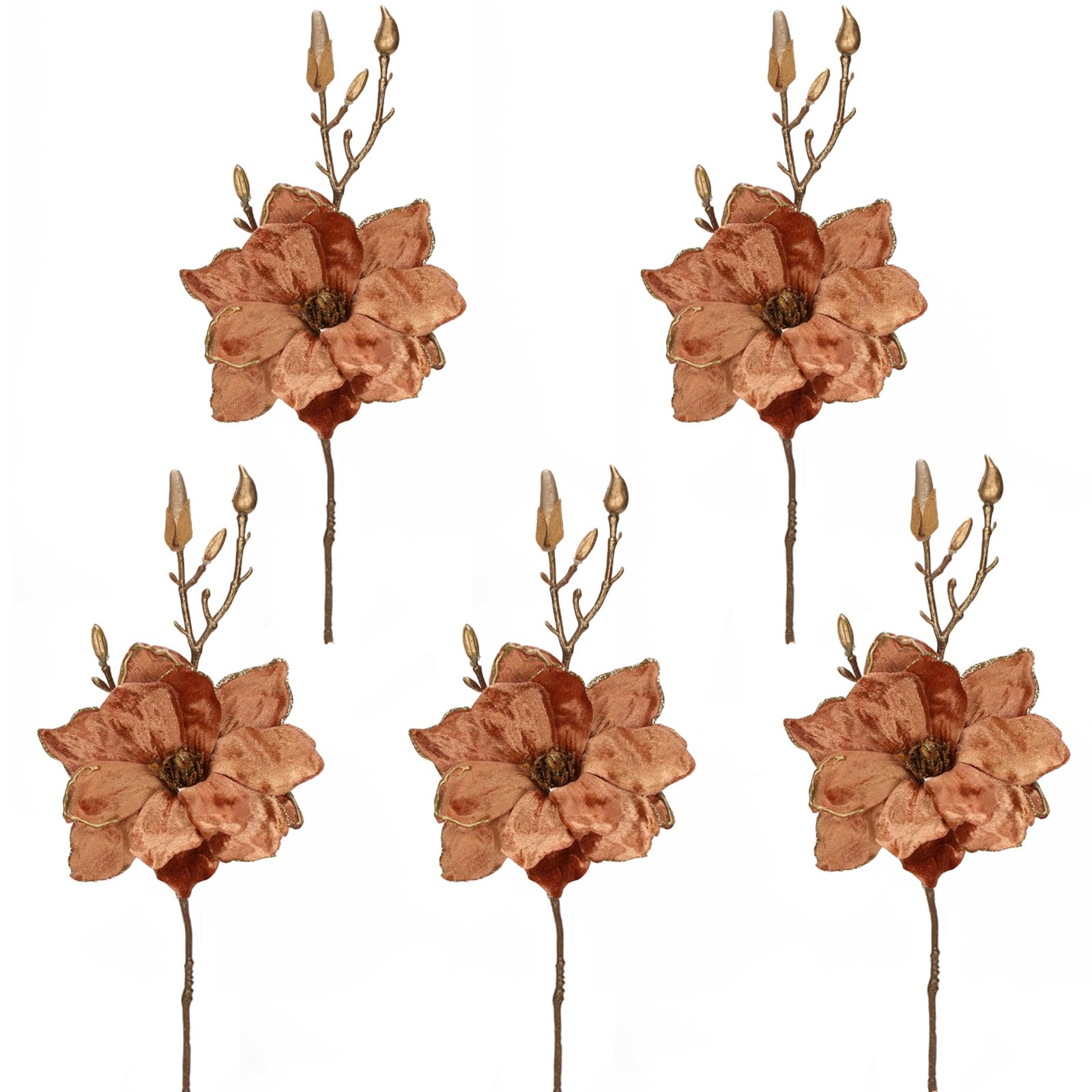 Arborus 5PCS Christmas Tree Decorations Flowers 14.5" Christmas Velvet Magnolia Flower Stems with Golden Buds Brown Flowers for Xmas Tree Xmas Ornaments for Garland Wedding Party Decorations