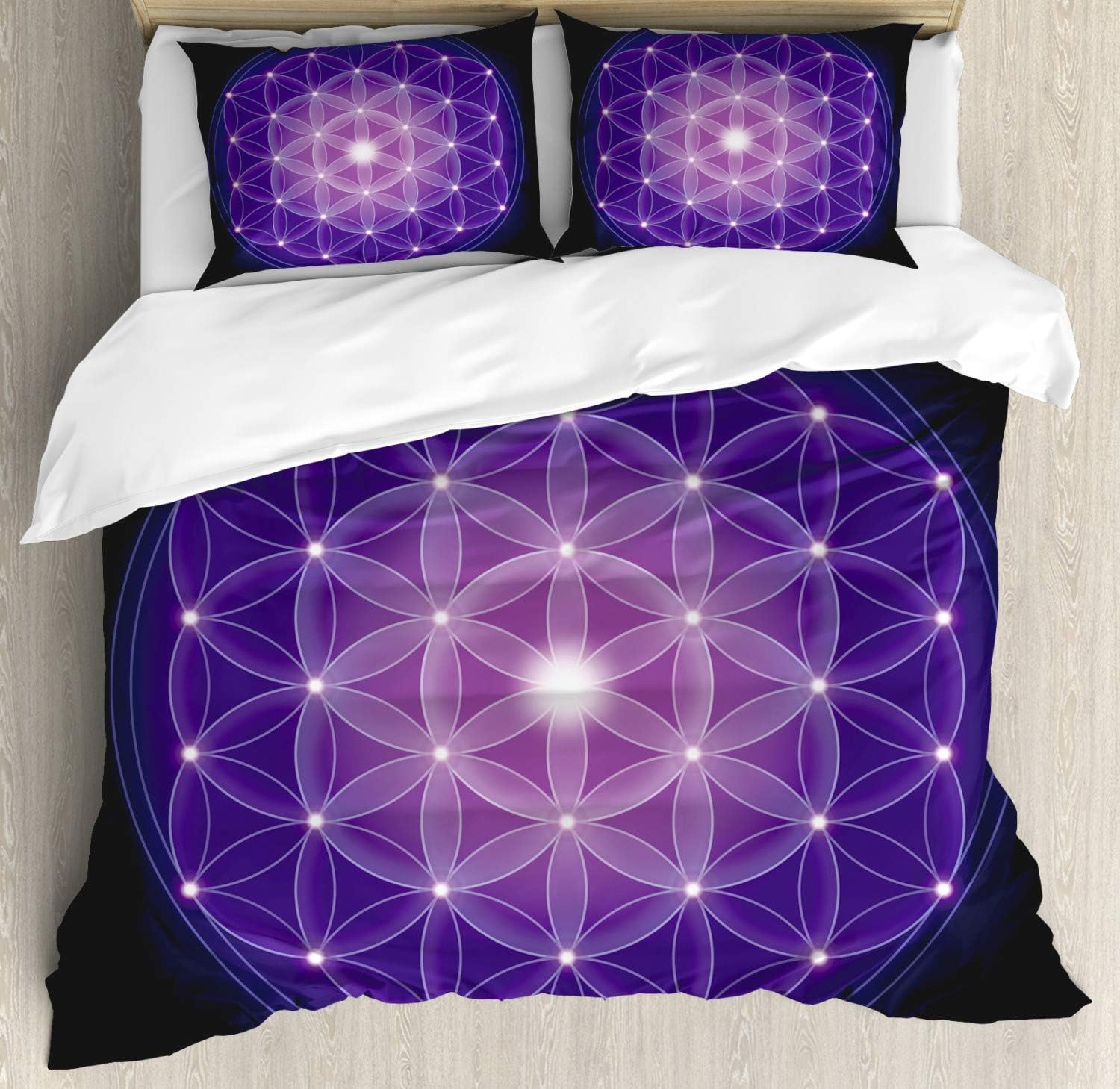 Ambesonne Dark Blue Duvet Cover Set, Flower of Life with Stars Geometry Print, Decorative 3 Piece Bedding Set with 2 Pillow Shams, Queen Size, Blue Purple