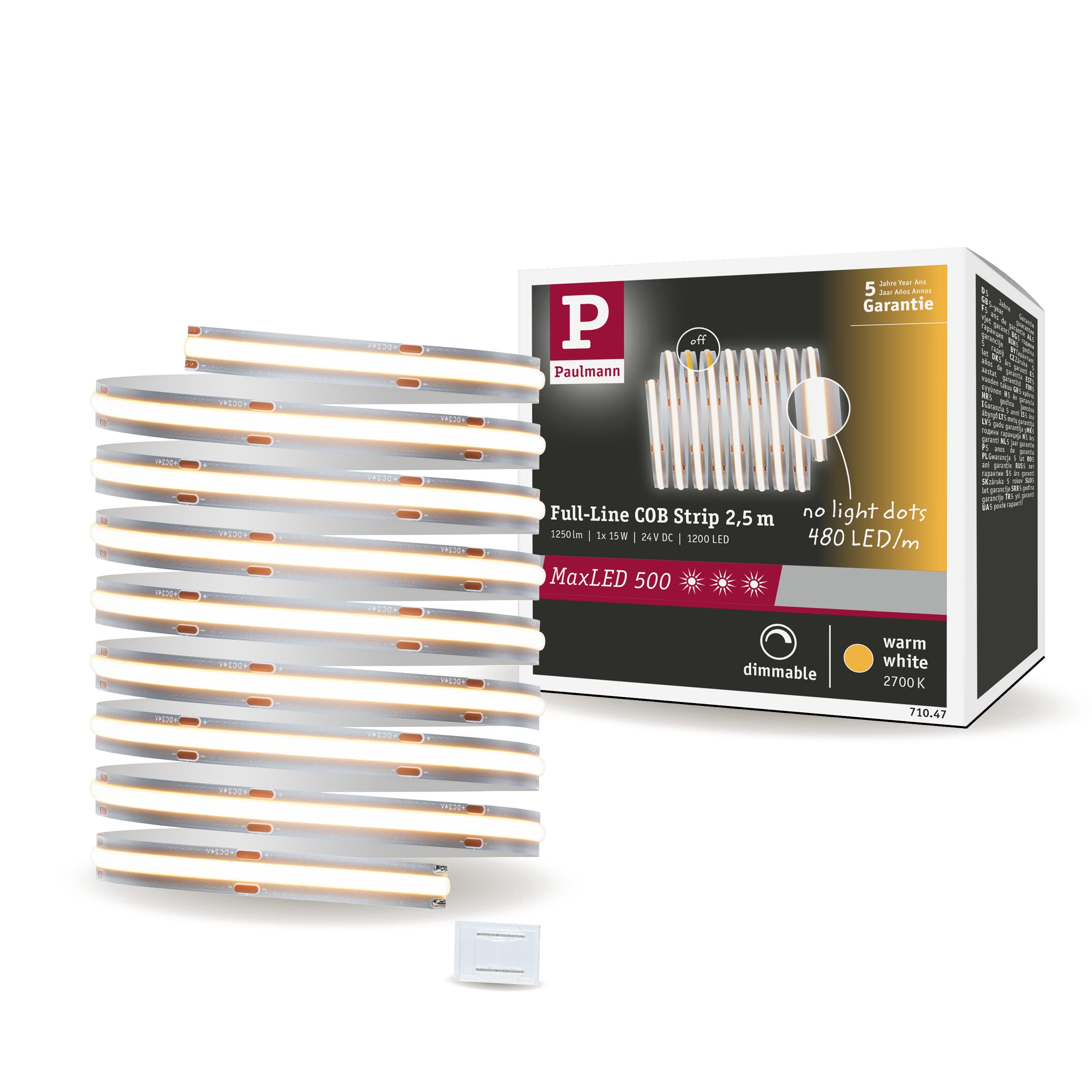 Paulmann 71047 LED strip MaxLED 500 Full Line COB individual strip 2.5m 15W 1250lm 480LEDs/m 2700K dimmable silver plastic