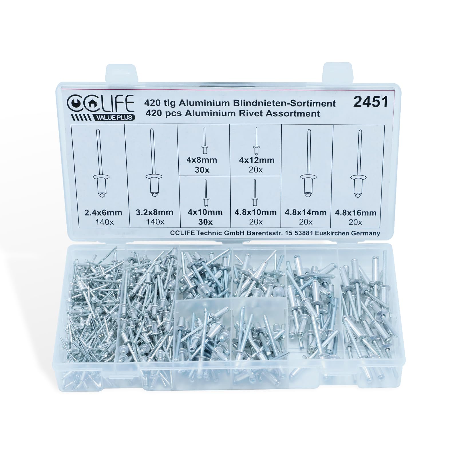 400 pcs Aluminium Blind Rivets Assortment Ø 2.4 3.2 4 4.8 mm