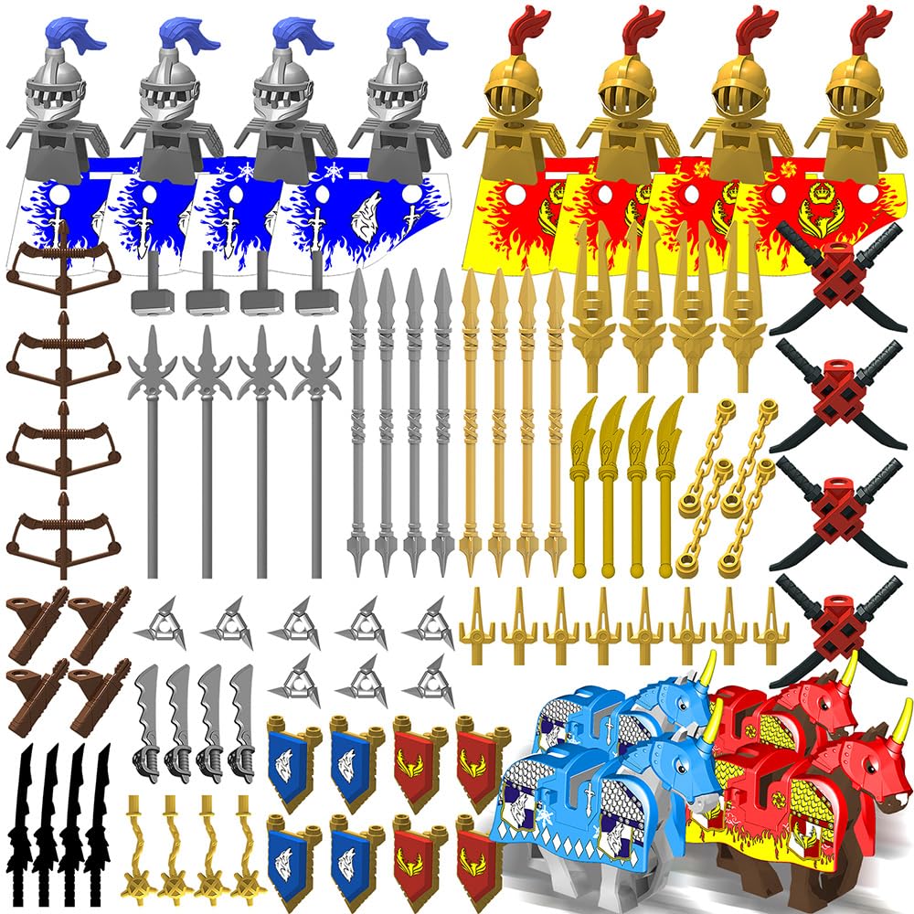 Nicolababe Weapon Pack for Minifigures Knight Weapons Set Accessories Kit Include Armor Helmet Cloaks Shield Barding Horses Compatible with All Major Brands (Medieval Weapon)