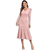 SITELUOYG Women's Lace Long Sleeve Mermaid Dress V Neck Cocktail Wedding Guest Ruffle Formal Dresses