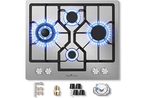 Gas Cooktop 24 Inch, Maharlika Gas Stove Top Built-in 4 Burners Stainless Steel Total 30,892 BTU, 24 Inch NG/LPG Convertible Propane Cooktops Dual Fuel, RV Stove Top with Thermocouple Protect