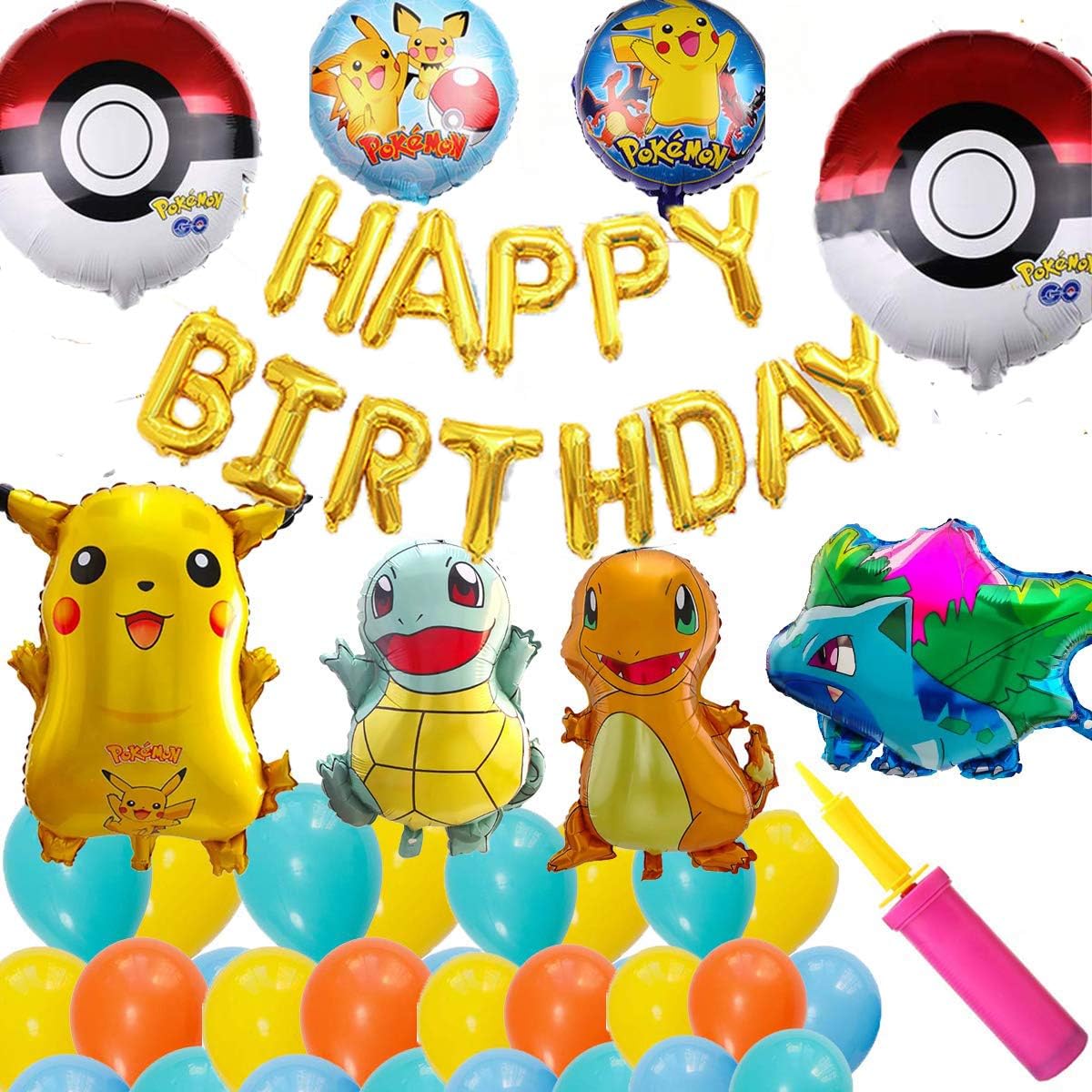 Amazon ポケモン誕生日飾り付け モンスターボール 可愛いピカチュウ ゼニガメ フシギソウ ヒトカゲ 子供 Happy Birthdayバナー アルミ風船 ラテックスバルーン パーティー飾り付けキャラクター飾り ポンプ付き 風船 バルーン おもちゃ