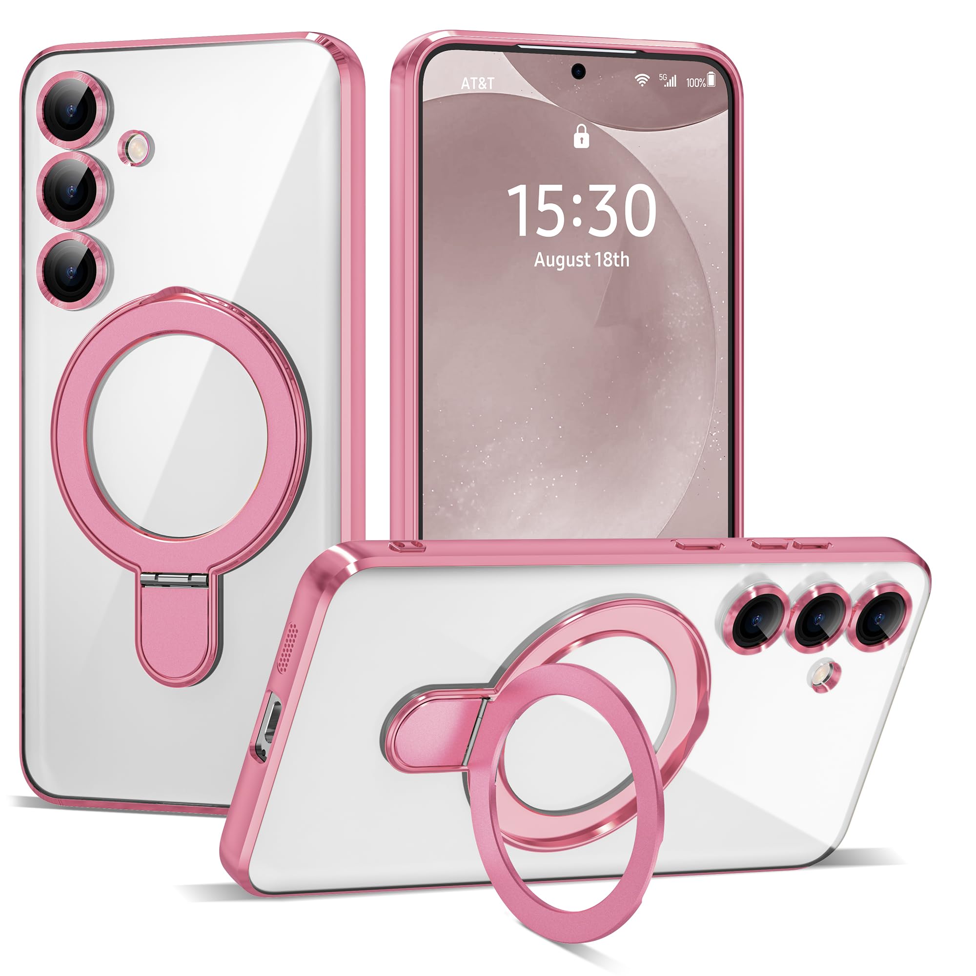 ETPESOK Compatible with Samsung Galaxy S24 Case with Magnetic Ring Stand [Compatible with Mag-Safe] [Full Camera Lens Protector] Plating Clear Phone Case for Samsung Galaxy S24 6.2", Pink