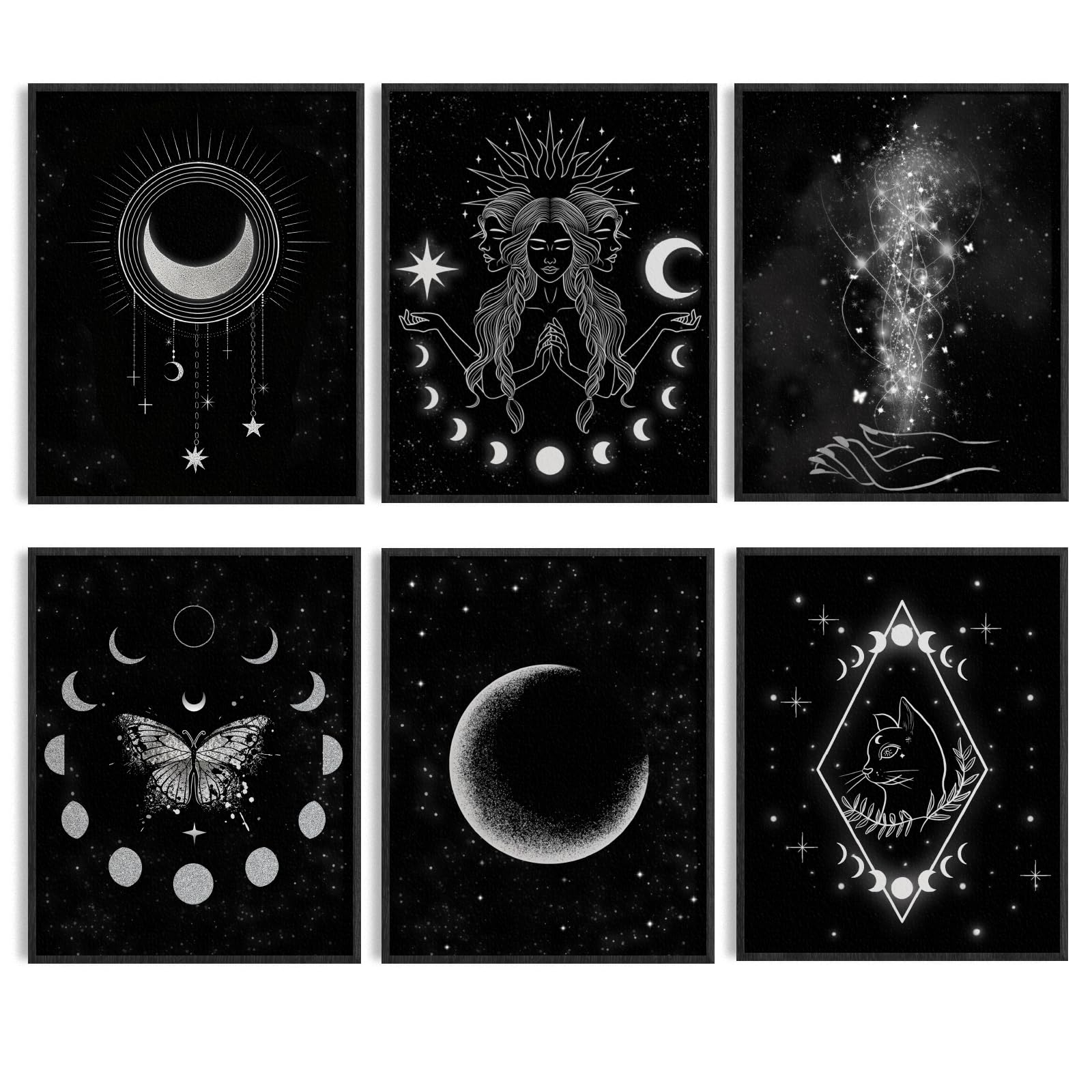 ORIGACH 6 Pcs Moon Phases Wall Art, 20x25 cm Minimalist Boho Wall Decor, Moon Phase Star Witch Wall Prints, Gothic Witchy Room Decor Unframed Canvas Prints Artwork for Bathroom Bedroom Gallery