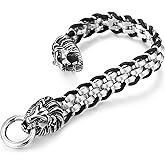 COOLSTEELANDBEYOND Mens Lion Head Spring Ring Clasp Bracelet, Rolo Chain Interwoven with Black Braided Leather