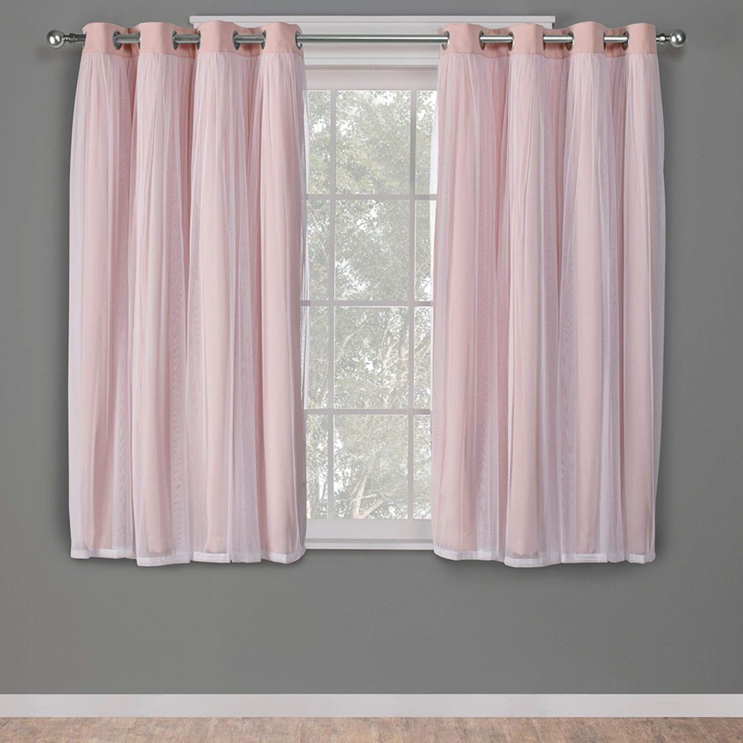 Exclusive Home Curtains Catarina Layered Solid Blackout and Sheer Window Curtain Panel Pair with Grommet Top, 52x63, Rose Blush, 2 Piece