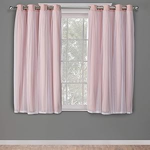 Exclusive Home Curtains Catarina Layered Solid Blackout and Sheer Window Curtain Panel Pair with Grommet Top, 52x63, Rose Blush, 2 Piece