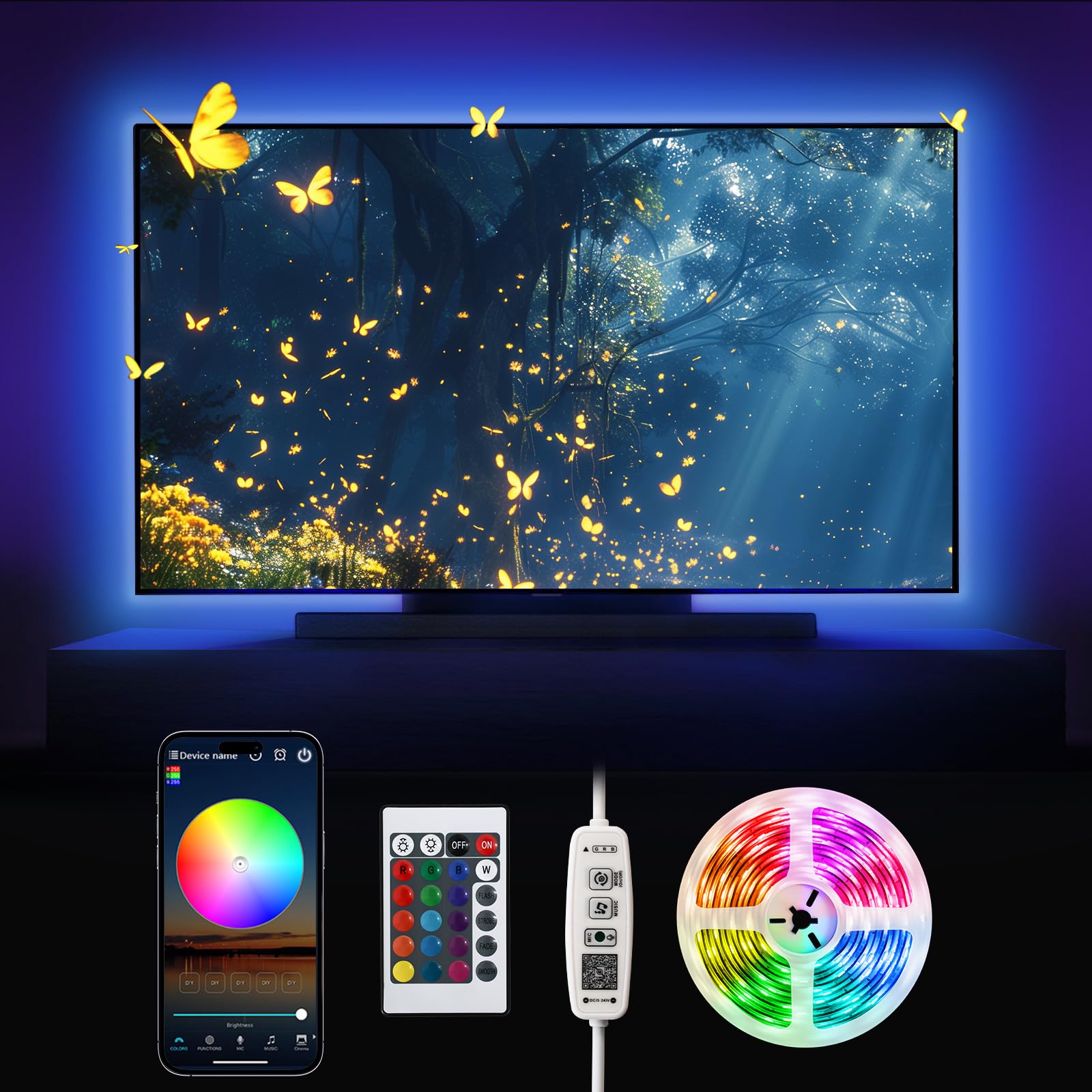 Beaeet TV LED Lights, 3M USB RGB Music Sync Color Changing LED Strip Lights for 32-60 inch TV/Computer Monitor with App & Remote Control