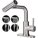 Bietor Bathroom Sink Faucet with 4 Mode Pull Down Sprayer, Brushed Nickel Single Handle Pull Out Faucet with Pop-Up Drain, 1 or 3 Hole Laundry Bar Basin Faucet with Deck Plate