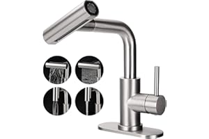 Bietor Bathroom Sink Faucet with Pull Down Sprayer, 4 Mode Brushed Nickel Bathroom Faucet, Single Handle Tall Bathroom Faucet 1 or 3 Hole with Pop-up Drain & Deck Mount Plate