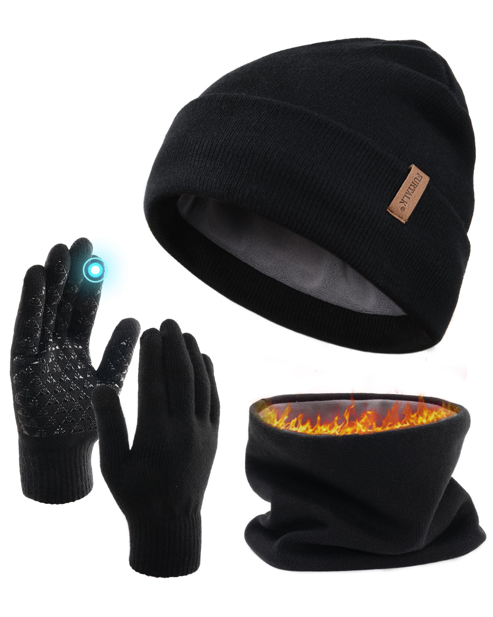 Photo 1 of ***GLOVES MISSING***FURTALK Winter Beanie Hat Scarf Touchscreen Gloves Set for Men Women 3 Pcs Warm Knit Neck Warmer Fleece Lined Skull Cap***GLOVES MISSING***