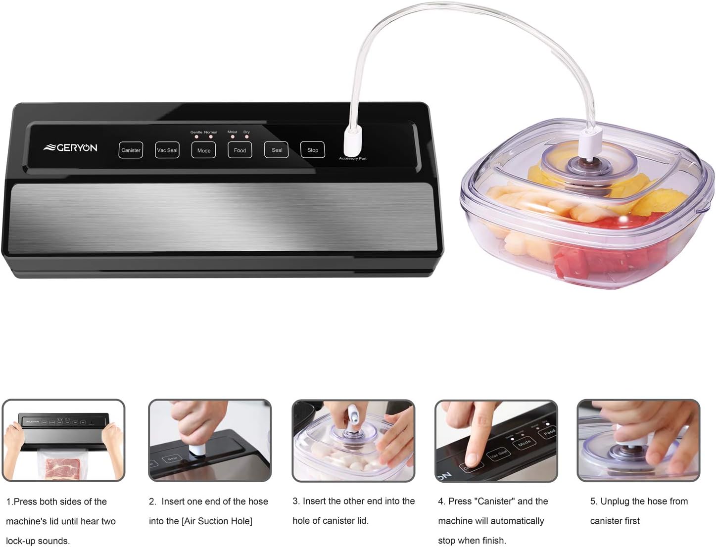 GERYON Vacuum Sealer Machine, Automatic Food Sealer for Food Savers w/Starter Kit|Led Indicator Lights|Easy to Clean|Dry & Moist Food Modes| Compact Design (Silver): Kitchen & Dining