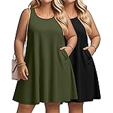 Evervibe 2 Pack Women's Plus Size Summer Dresses, Casual Sleeveless Tank Dress Round Neck T-Shirt Sundress with Pockets