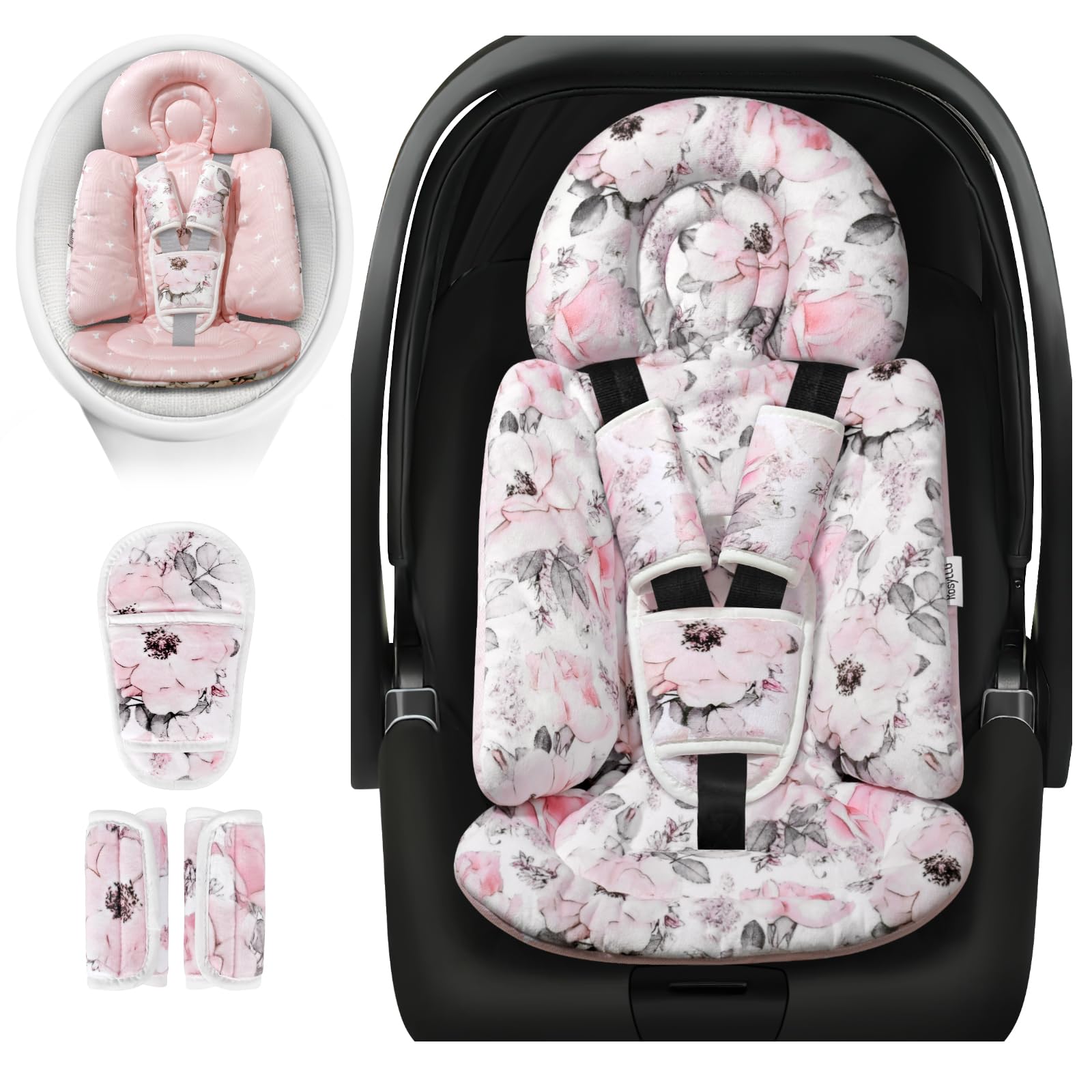 Photo 1 of [Upgraded] Infant Car Seat Insert & Newborn Head Support, 3 Strap Covers + Reversible 2-in-1 Design – All Seasons Baby Car Seat Cushion for Stroller, Swing, Rocker, Bassinets ? (Pink)