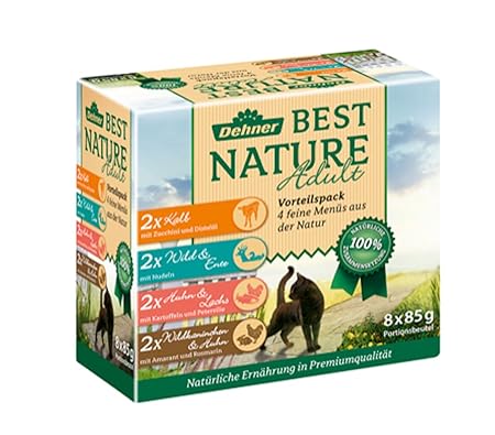 Dehner Best Nature Katzenfutter, Multipack, je 2 x Kalb, Wild, Huhn und Kaninchen, 8 x 85 g (680 g)