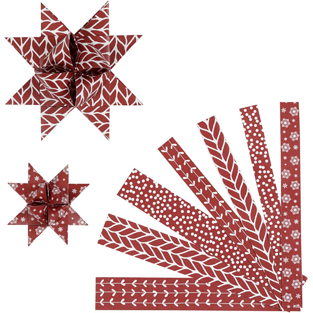 Paper Star Strips, W: 15+25 mm, D: 6,5+11,5 cm, white, red, classic, 60pcs