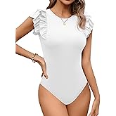 Missufe Women's Summer Ruffle Flutter Sleeve Ribbed Casual Bodysuit Tops