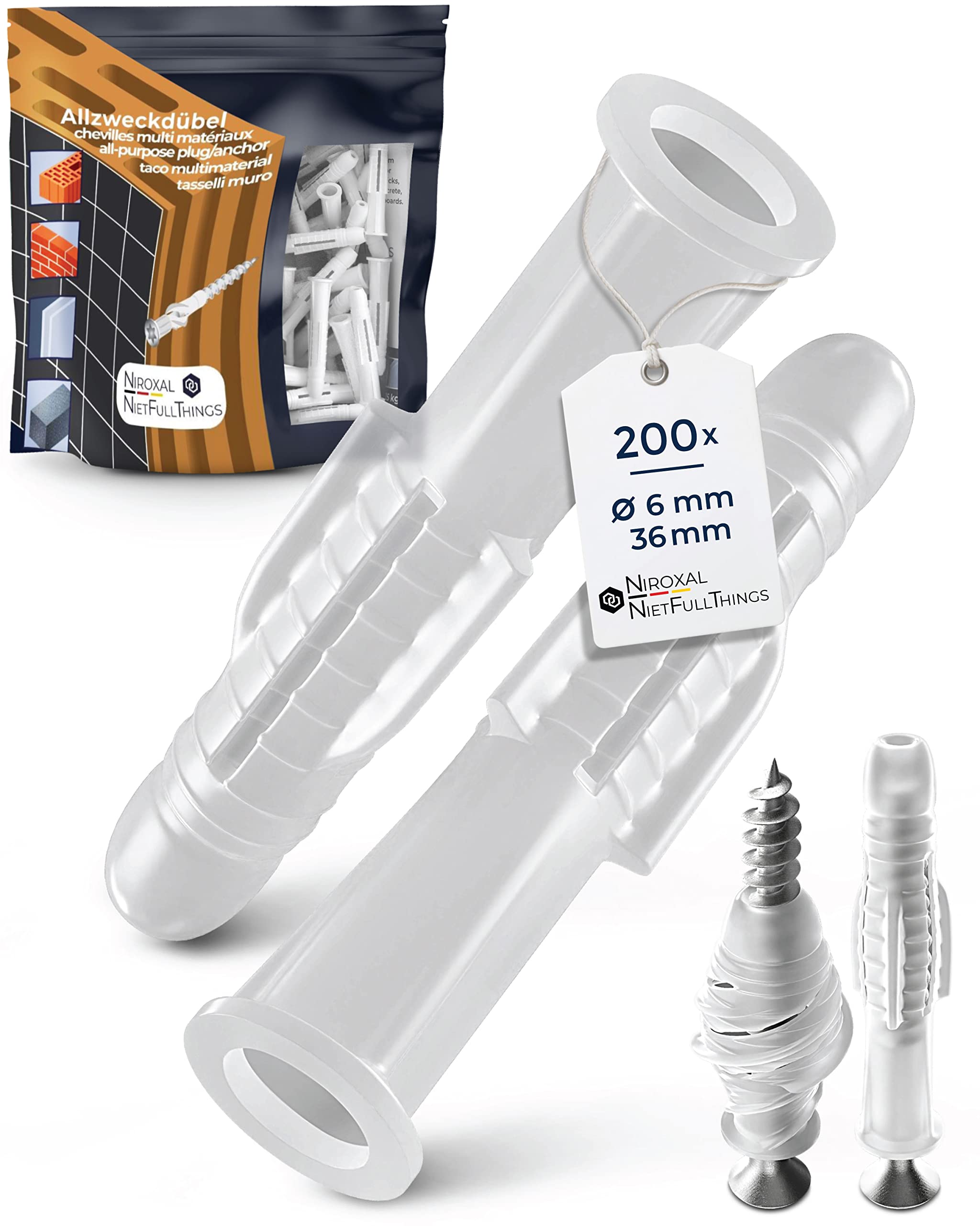 Wall Plugs 6 mm Rawl Plugs for 4.5-5 mm Screws Pack of 200 Universal Wall Fixings for Concrete Brick Plasterboard NietFullThings