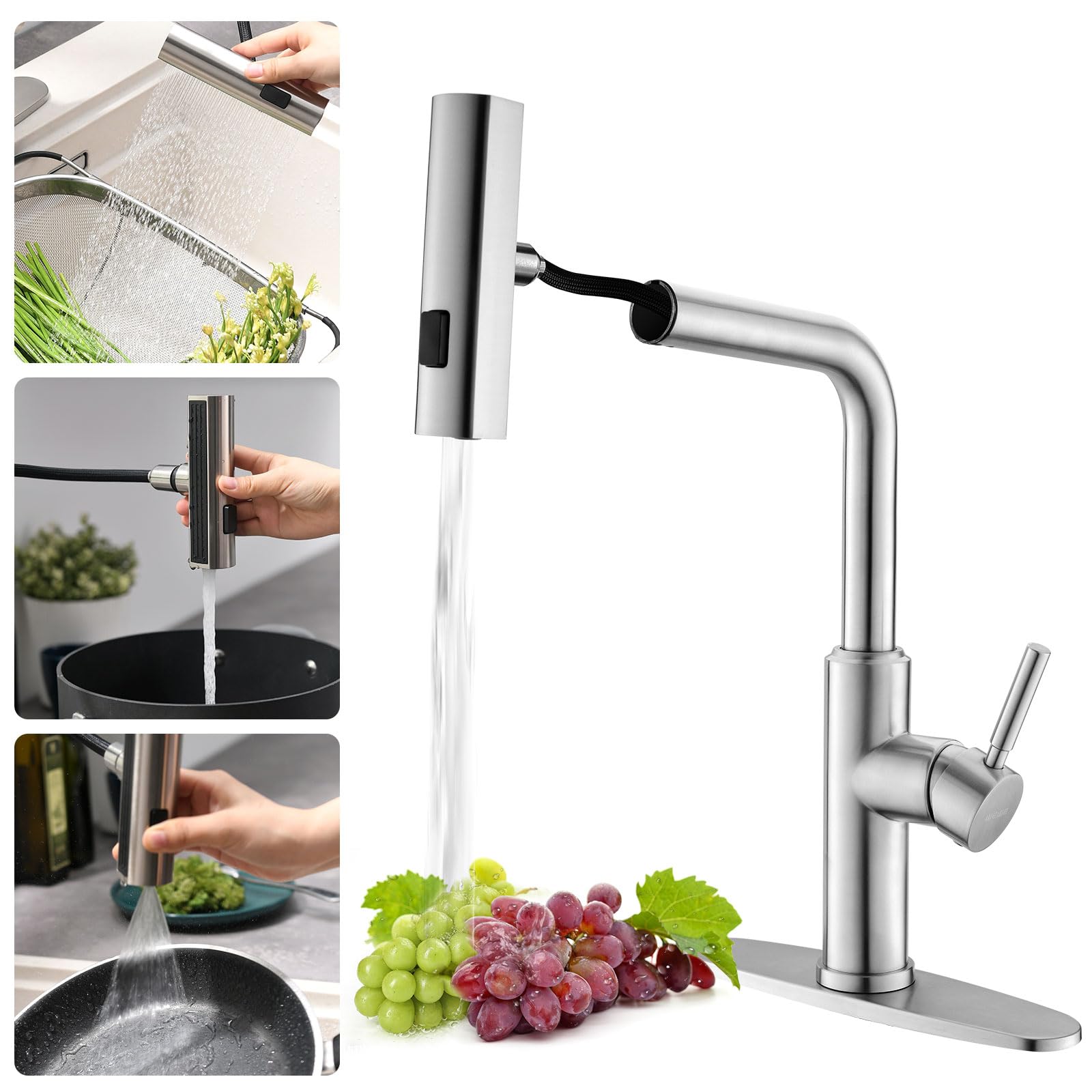 WEWE Waterfall Kitchen Faucet with Pull Down Sprayer, 3 Modes(Sweep/Stream/Waterfall) Rotary Switch Mode Stainless Steel Kitchen Sink Faucet Single Lever Handle Brushed Nickel Sink Fuacet Image
