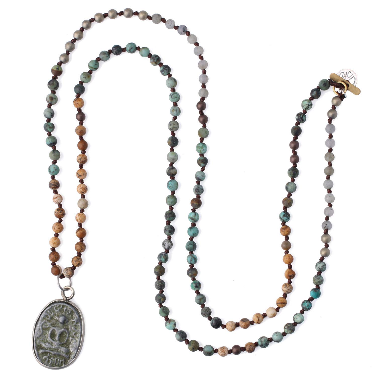 KELITCH Buddha Pendant Necklaces Natural Stone Beaded Necklaces Handmade Long Chain Strands Necklaces Jewelry for Women (Green A)