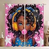 Earphone Girl Window Curtains,Pink Star Bubble