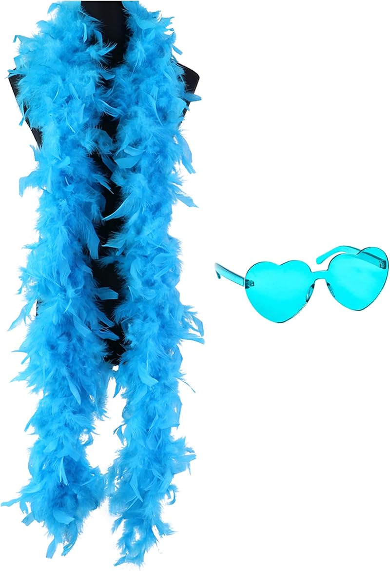 db11 Colorful Feather Boa 6.6ft with Heart Rimless Sunglasses Lake Blue