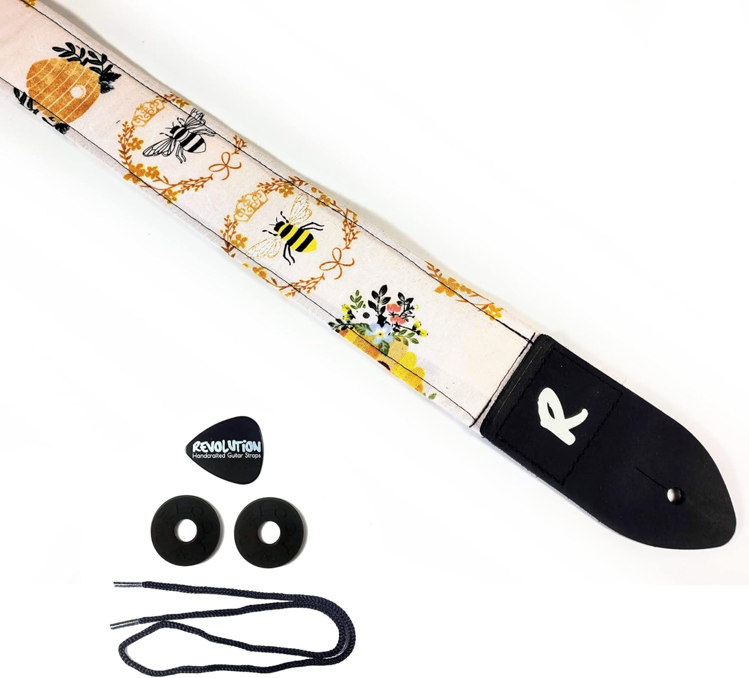 Mixed Media - Bee Guitar Strap -Bee Hive, Genuine Leather Ends, Includes 2 Strap Locks & 1 Pick. Adjustable Strap, For Bass, Electric & Acoustic Guitars Gift for Guitar Players Men, Women & Kids