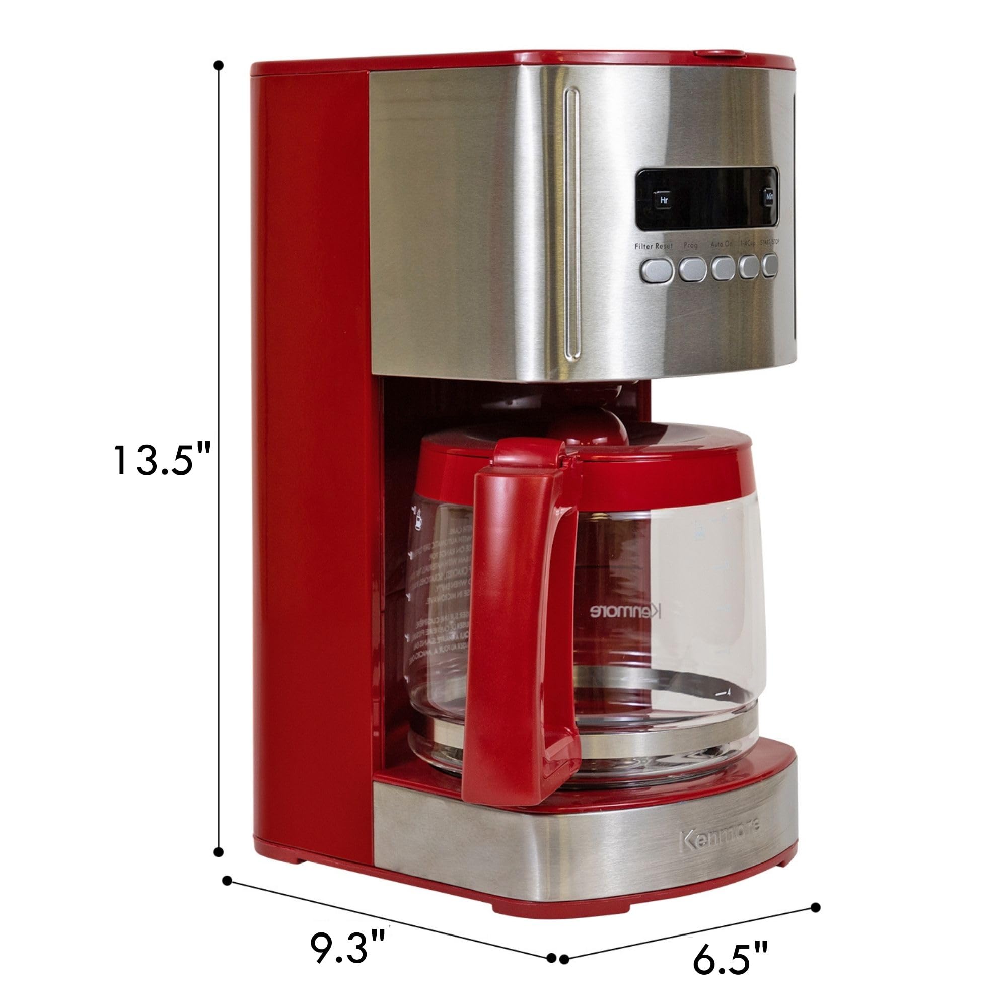 Kenmore Cafetera de goteo: máquina de café programable con olla de vidrio, preparación regular y audaz, depósito de agua grande con apagado automático, filtro reutilizable, electrodomésticos de cocina para cafetería barista, 12 tazas, color rojo