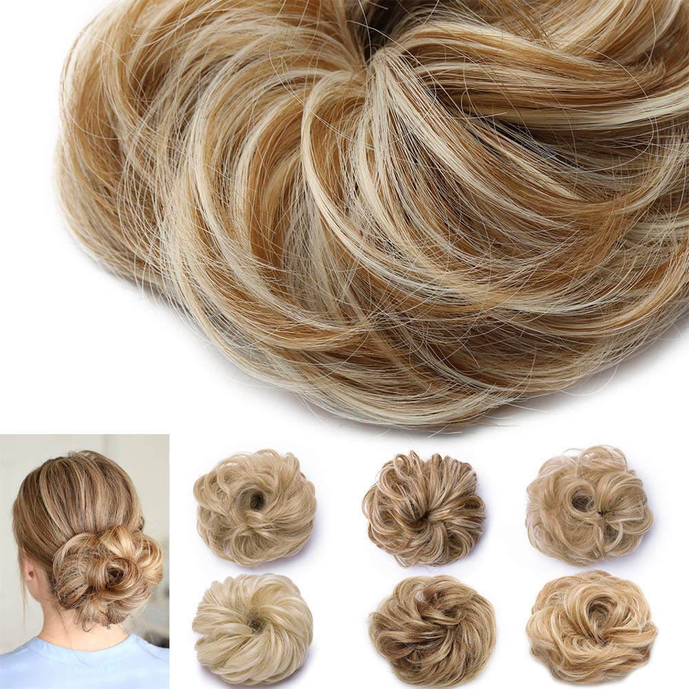 Silk-co Scrunchy Scrunchie Hair Bun Updo Ponytail Hairpiece Curly Messy Donut Chignons -Light Brown & Bleach Blond[25g]