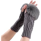 PESAAT Knit Arm Warmers Faux Fur Fingerless Gloves for Women Winter Wrist Warmers with Thumb Hole