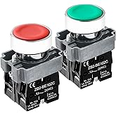 2 Pack Red Green Metal Head Auto Reset Momentary Push Button Switch, SPST 1NO 1NC Switches Ith: 10A, Ui: 600V, Uimp: 6kV, AC1