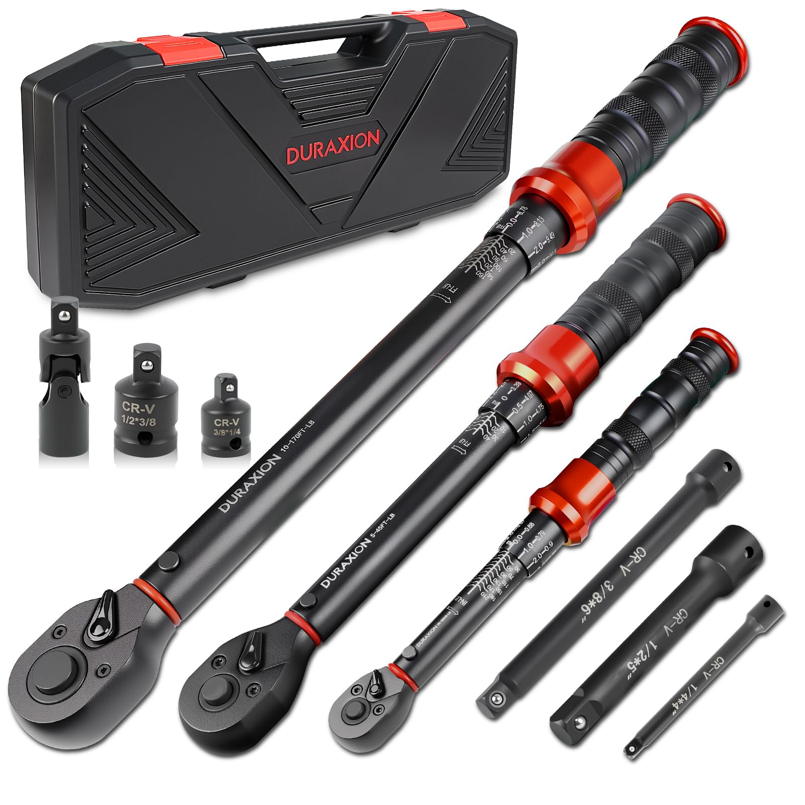 Photo 1 of 9PCS Torque Wrench Set 1/4", 3/8", 1/2" Drive Click Torque Wrench (20–240 in-lb, 5–45 & 10–170 ft-lb) 72-Tooth Dual-Range, ±3% Precision Adjustable Torque Wrenches for Bike, Moto, Car Repair and Maint
