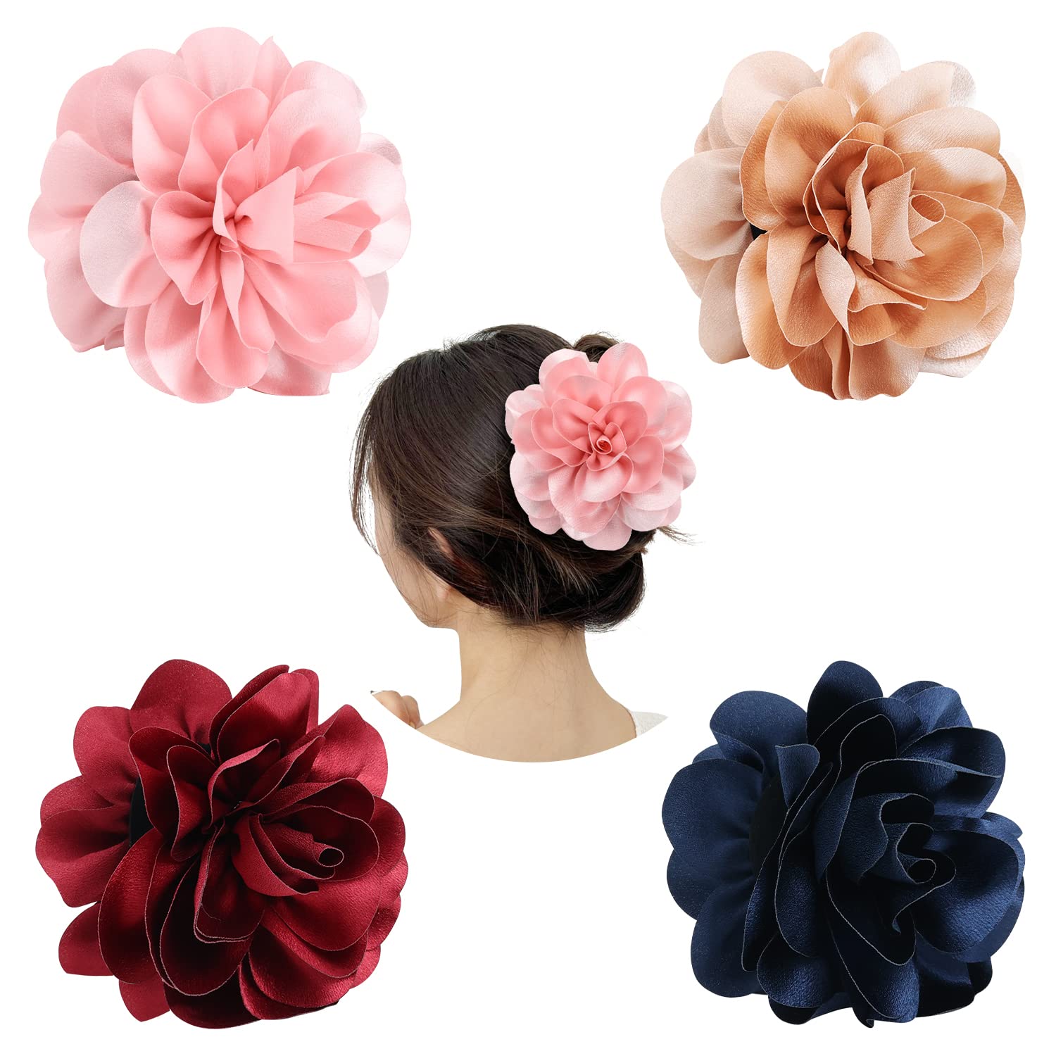 Photo 1 of Cinaci 4 Pack Black Plastic Hair Claws with Big Large Satin Rose Flower Bow Clips Barrettes Clamps Hair Bun Chignon Updo Holders Accessories for Women Girls