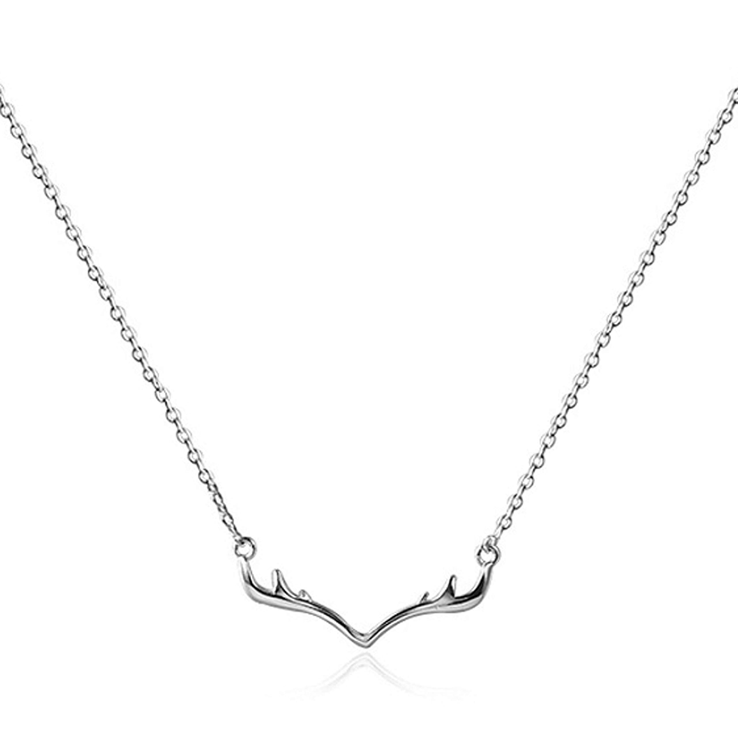 Hiqmic 925 Sterling Silver Cute Deer Antlers Pendant Necklace White Gold Plated Jewelry 16"_WA99007
