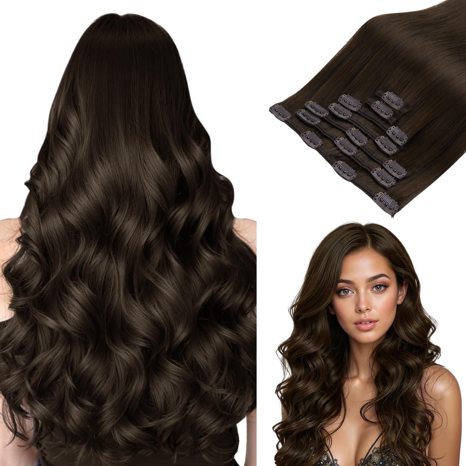 hotbanana Clip in Hair Extensions, Light Dark Brown Clips in Hair Extension Real Human Hair Double Weft Clip in human Hair Extension Straight Remy Hair Extensions 16 inch 120g 7pcs โ image 1