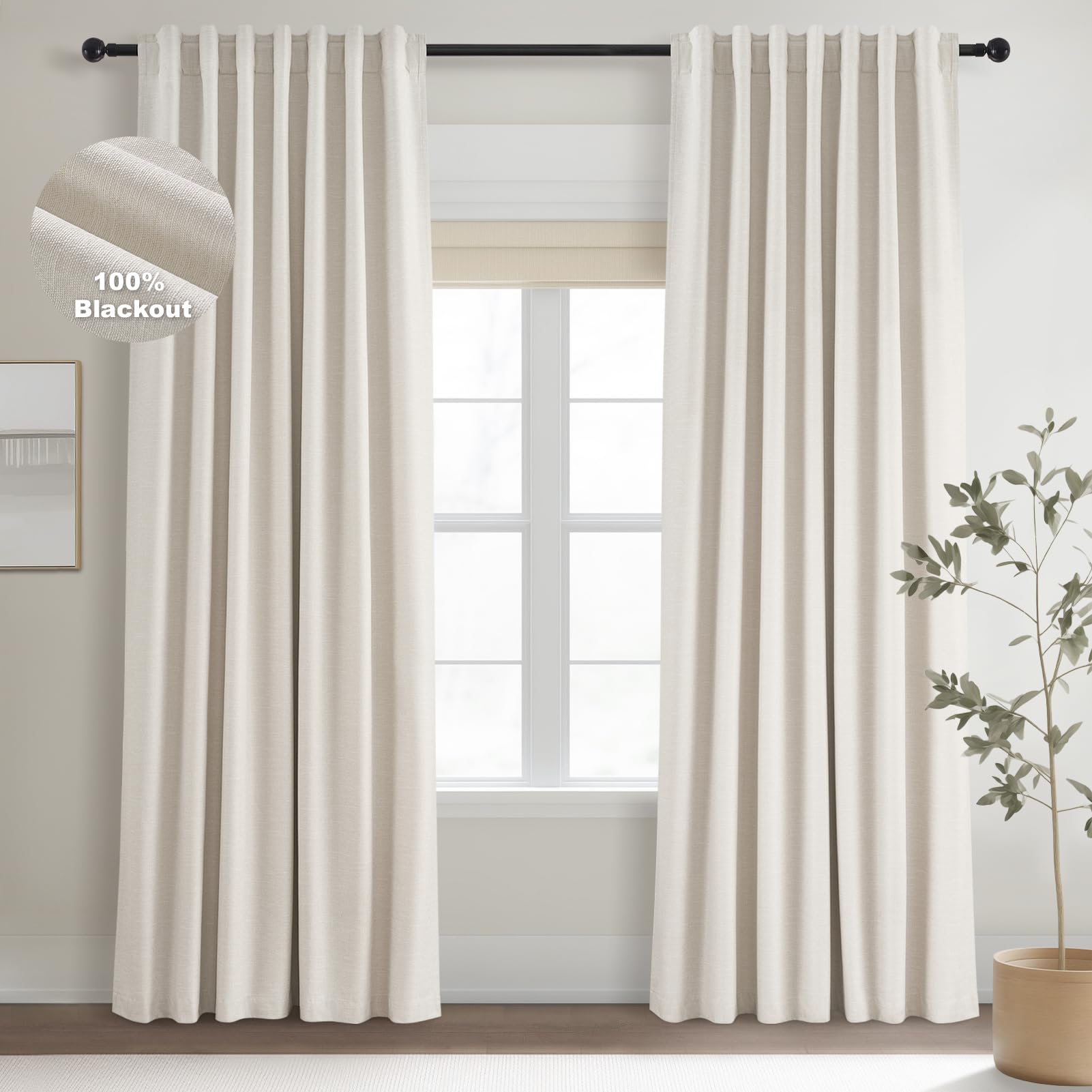 Photo 1 of *** 1 PANEL *** Topfinel Linen Blackout Curtains 96 Inch Long, Boho Farmhouse Ivory Birch Viral Drapes Pinch Pleated Curtains with Hooks for Living Room, Neutral 8 FT Back Tab Bedroom Curtains 52" X 96" 2 Panels