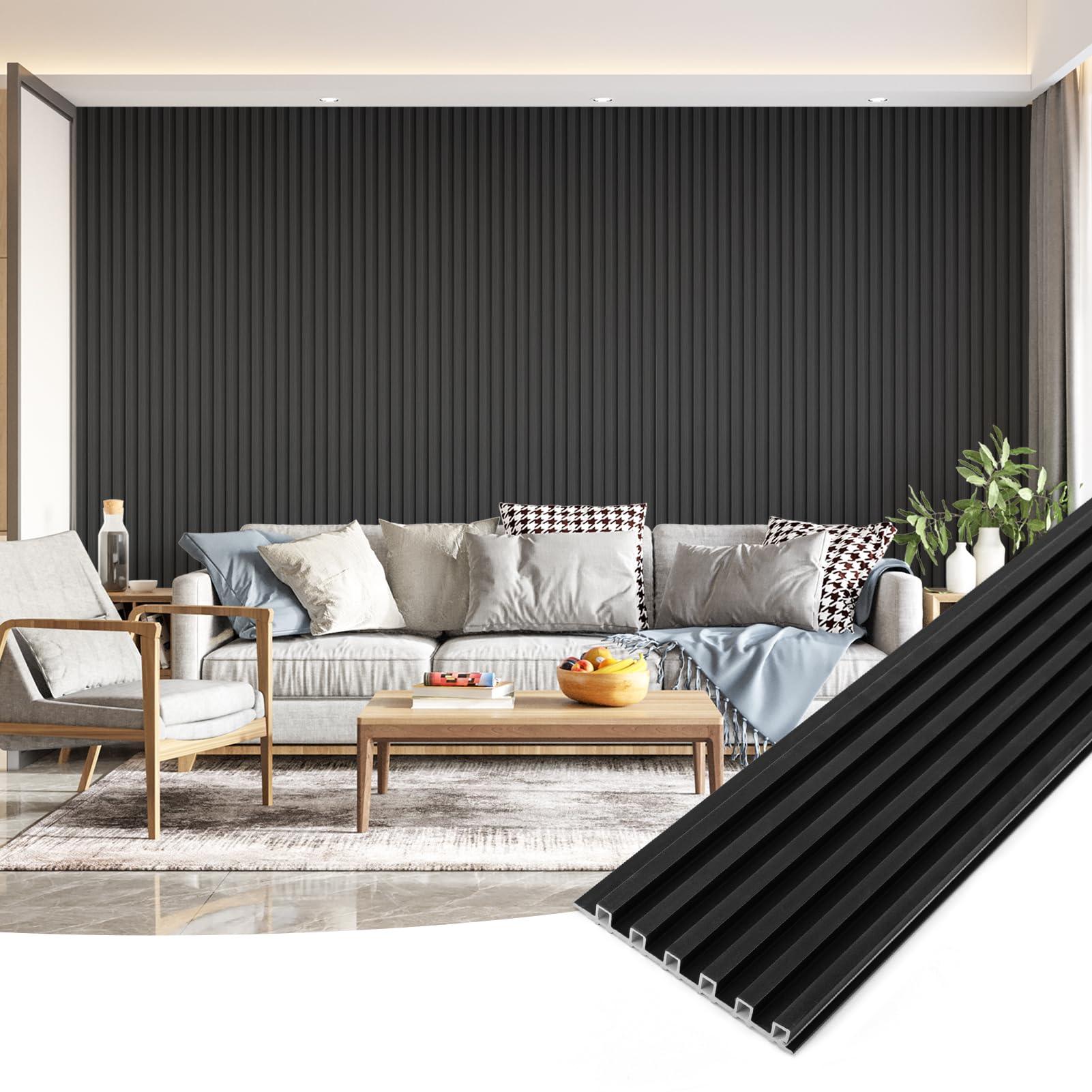 Photo 1 of Art3dwallpanels Wood Slat Wall Paneling, 104'' x 6.7'' WPC Soundproof 3D Wall Panels for Interior Wall Decor, 8 Pack Fluted Textured Panel Wall Slats,Black