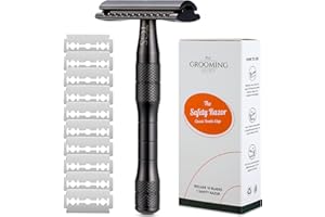 THE GROOMING SOCIETY Safety Razor with 10 Double Edge Blades Refills, Single Blade Razor, Zero Waste Reusable Razor for Men Women, Smooth Closed Shave - Matte Black