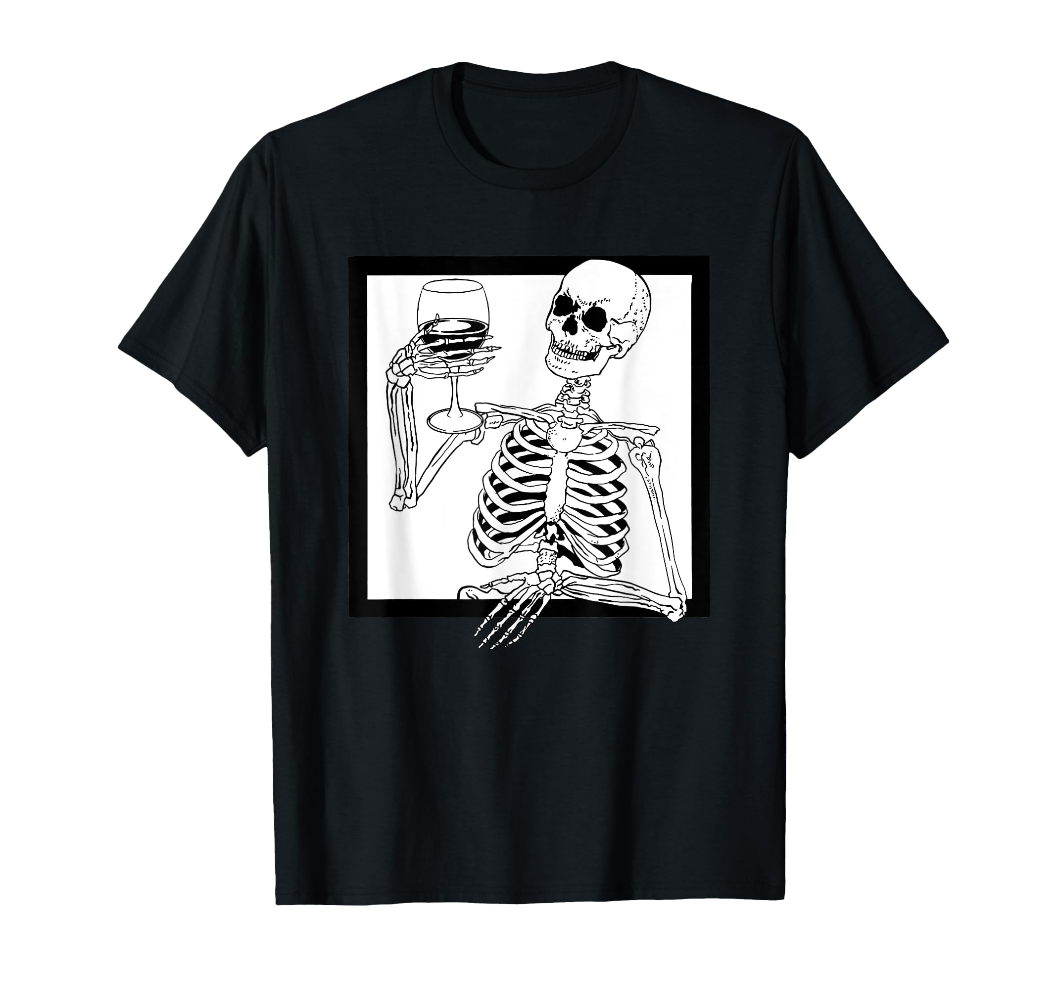black white halloween skeleton drinking wine skull funny T-Shirt