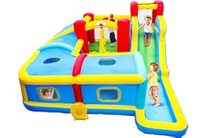 WELLFUNTIME Inflatable Bounce House with Blower, 156 x 143 x 75 inches Bouncy Castle with Slides, Rock Climbing, Ball Pool, Long Tunnel, Jumping Area for 4 Kids Aged 3 to 10