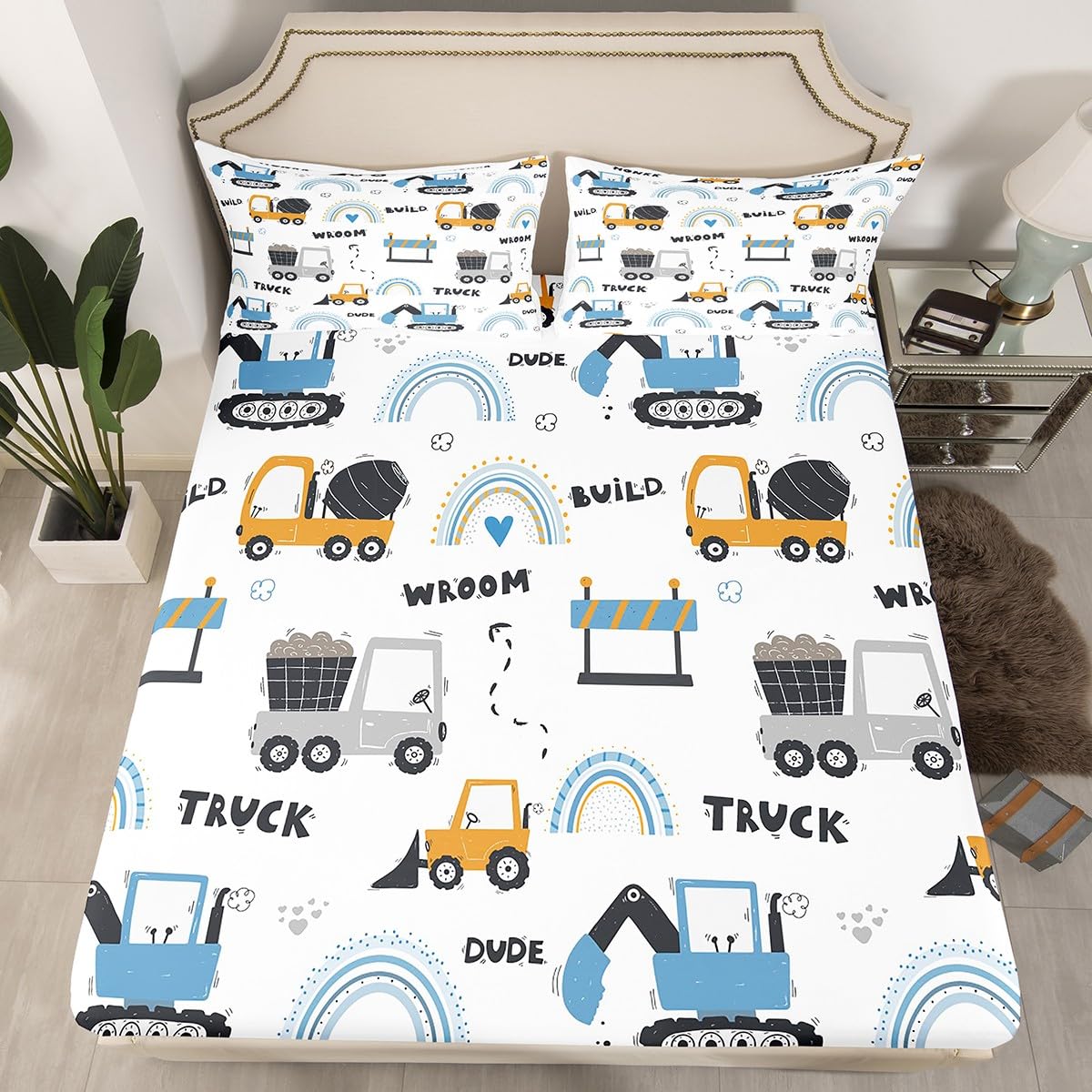 Excavator Truck Fitted Sheet Single Size, Construction Bed Cover with 1 Pillowcase, Cartoon Blue Rainbow Bedding Set 2pcs for Kids Boys Girls Room Decor, Soft Polyester Bedding