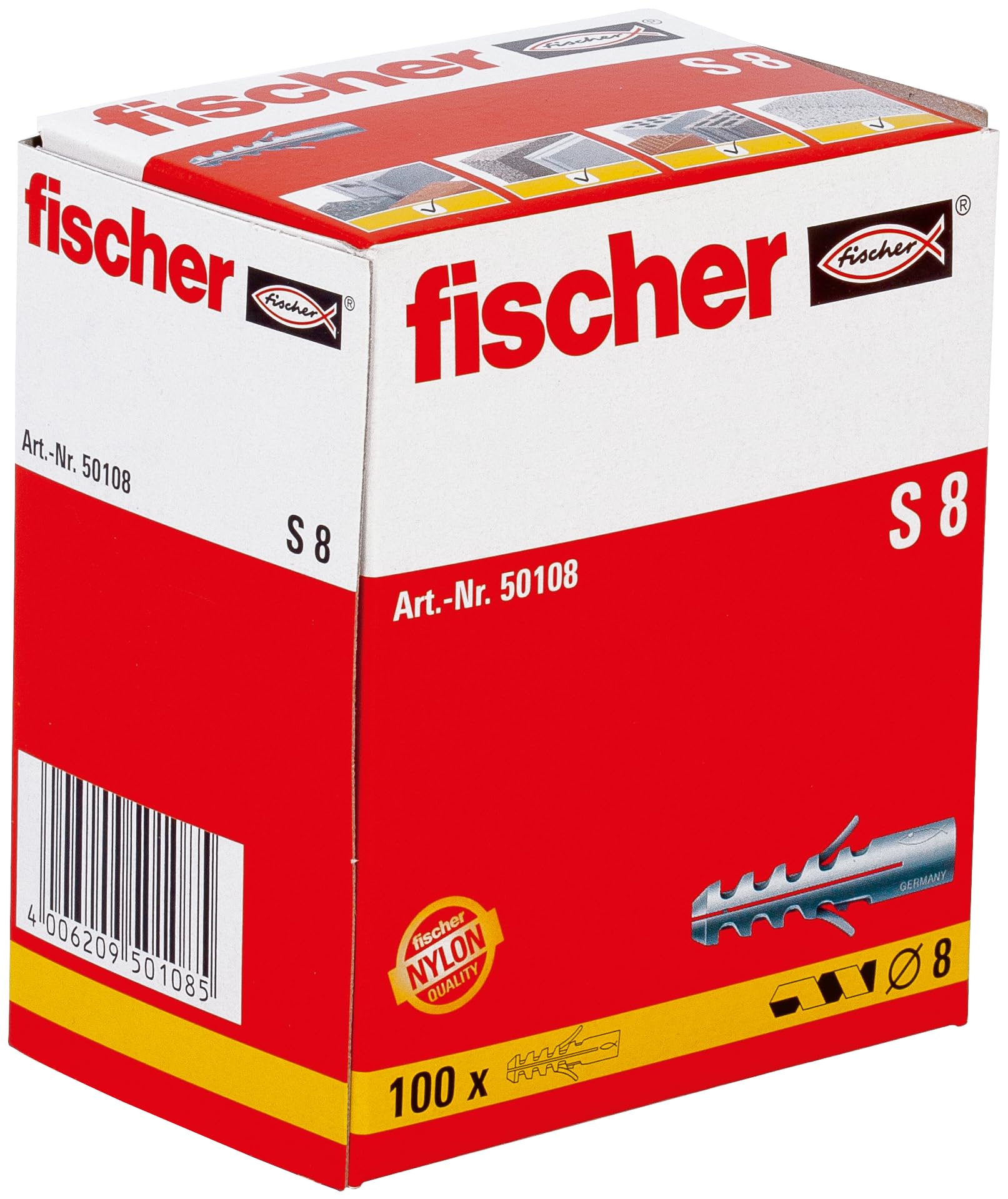 fischer Expansion Plug S 8, 100 Pieces, 50108