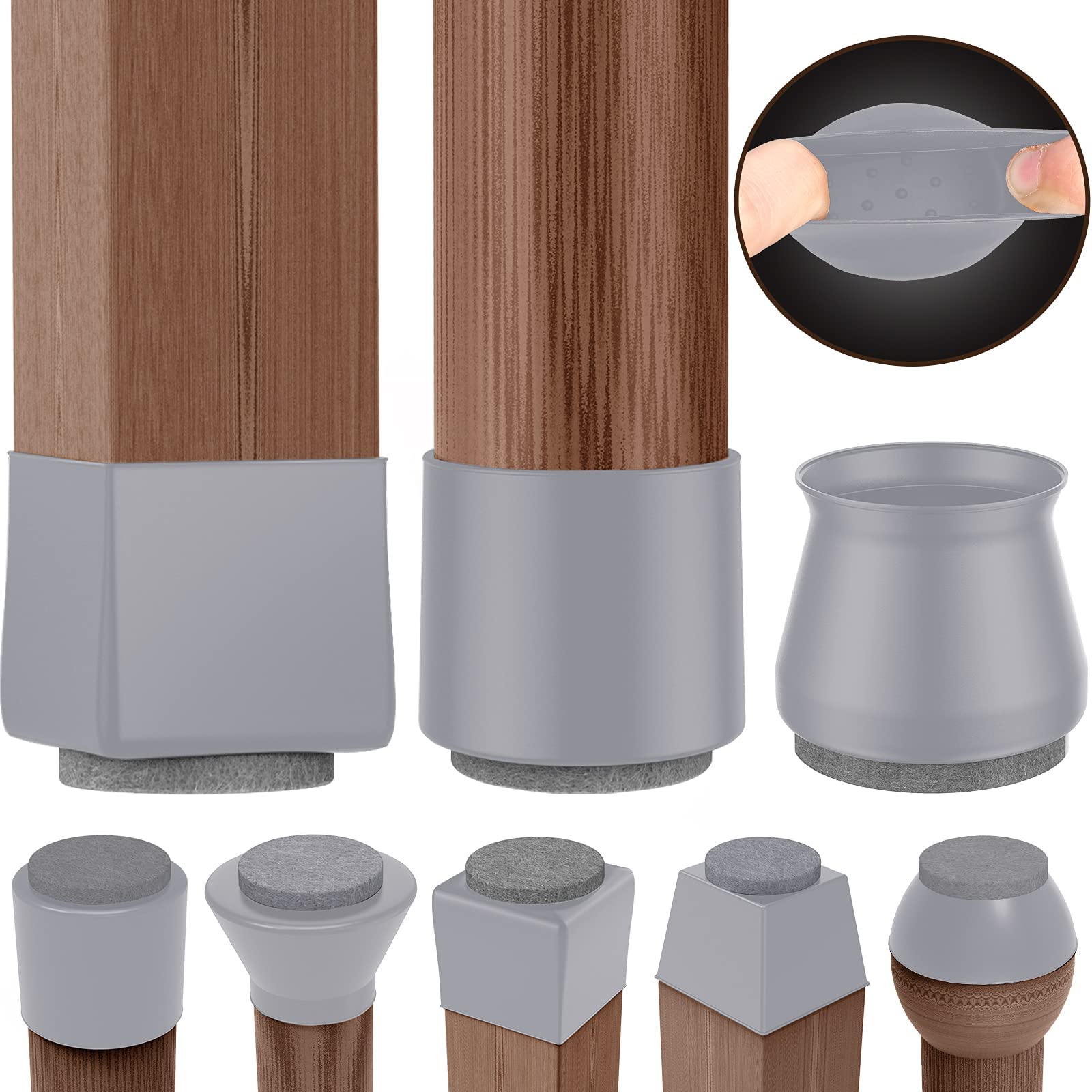 Anwenk Chair Leg Caps 2021 Updated Cover Protectors for Hardwood Floors Square Round Rectangular All Shapes Silicone Rubber Feet Furniture Table Chair, Stronger Felt & Silicone, 16Pack, Grey — image 1